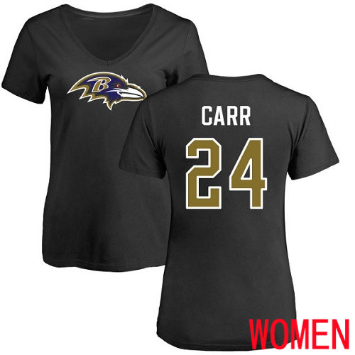 Baltimore Ravens Black Women Brandon Carr Name and Number Logo NFL Football #24 T Shirt->women nfl jersey->Women Jersey